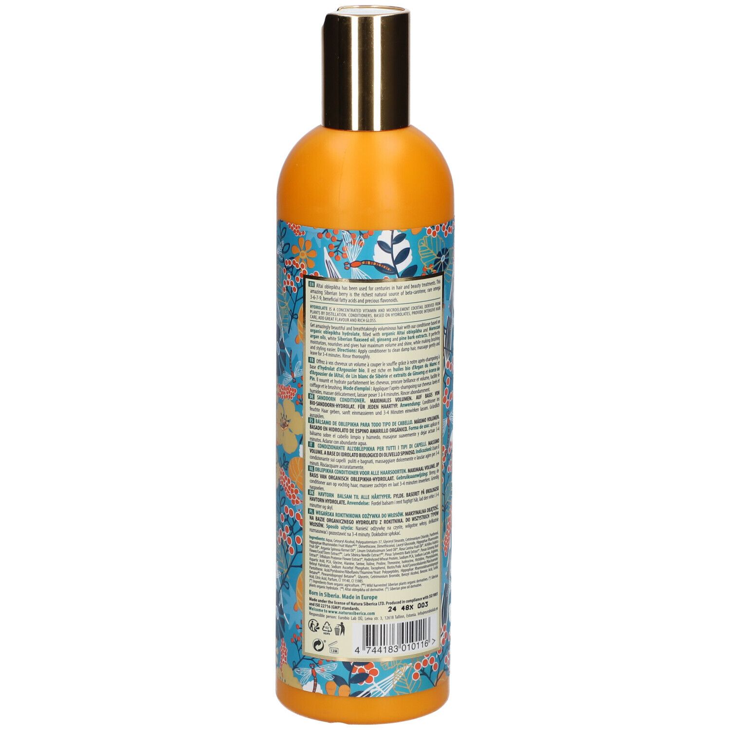 Achterkant van de fles. Tekst op etiket, bloemenpatroon. Productiedatum: 24 mei 2023.