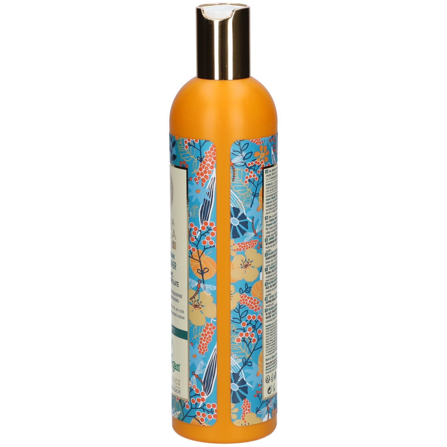 Achterkant van de fles. Tekst op etiket, bloemenpatroon. Veganistisch zegel.