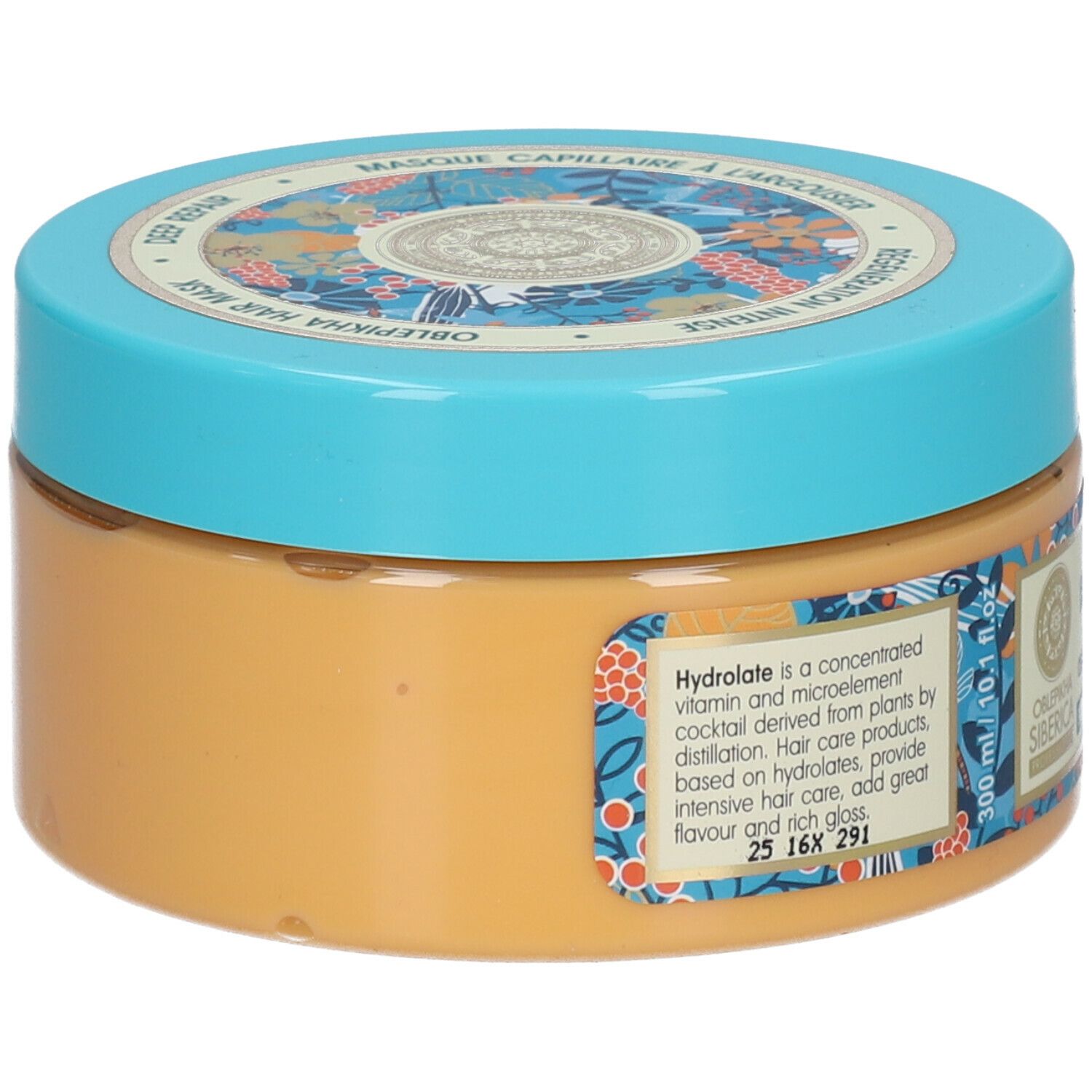 Haarmasker met blauw deksel. Opschrift: Masque capillaire à l'argousier. Tekst over hydrolaat. 300 ml.