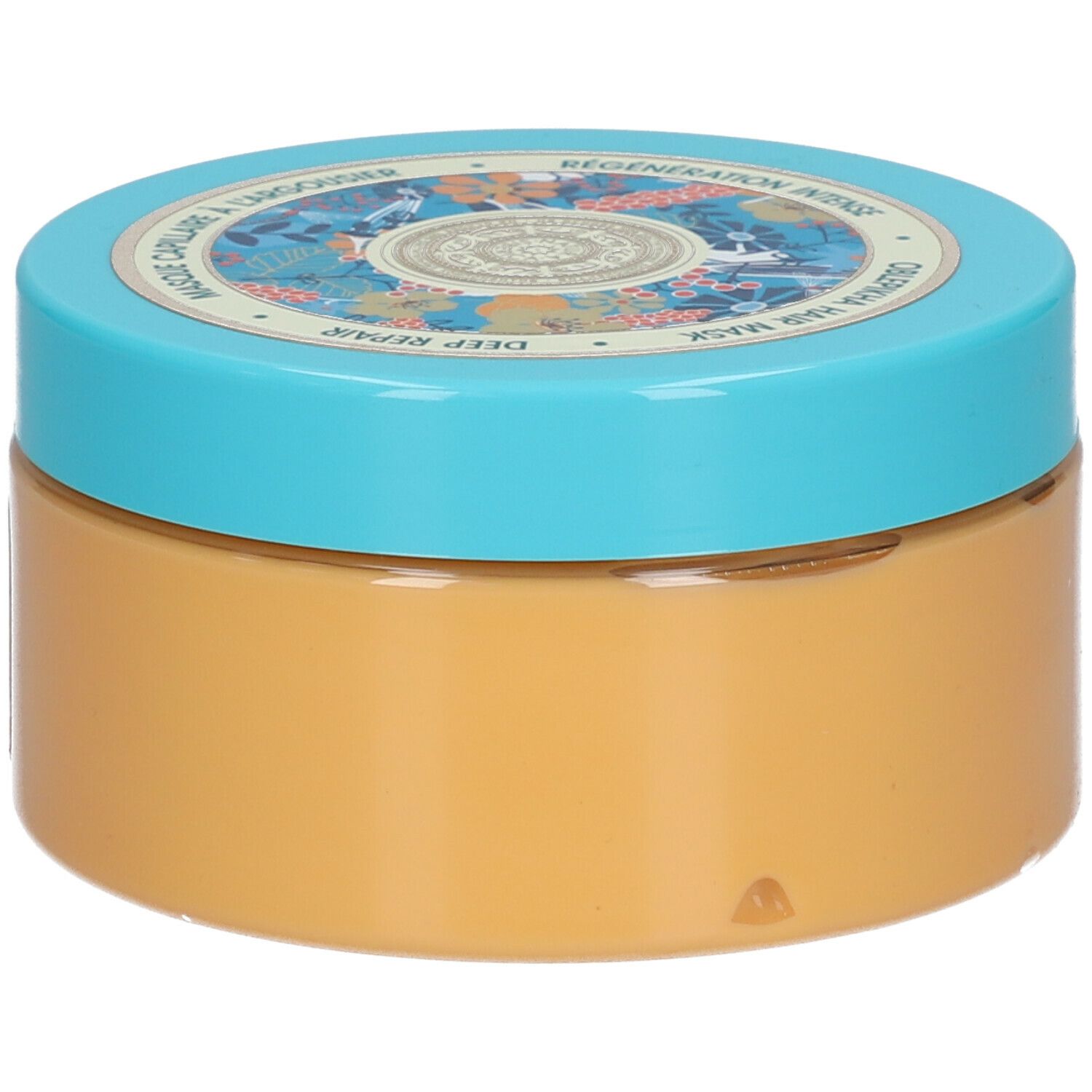 Haarmasker met blauw deksel. Opschrift: Masque capillaire à l'argousier. Oranje crème.