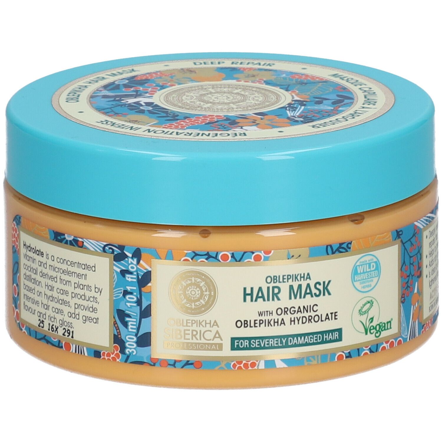 Haarmasker met blauw deksel. Opschrift: Oblepikha Hair Mask, voor zwaar beschadigd haar. Vegan-zegel.