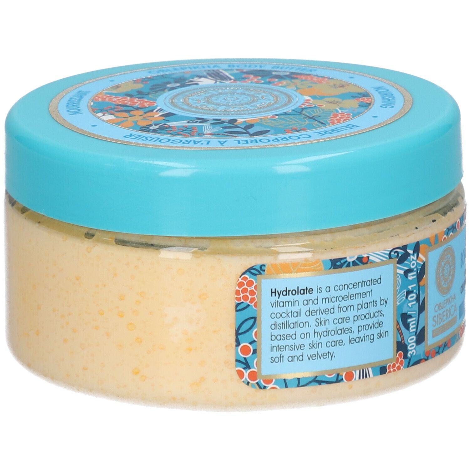 Pot rond avec couvercle bleu. Inscription : Body Butter, Oblepikha Siberica. Label Vegan. 300 ml.