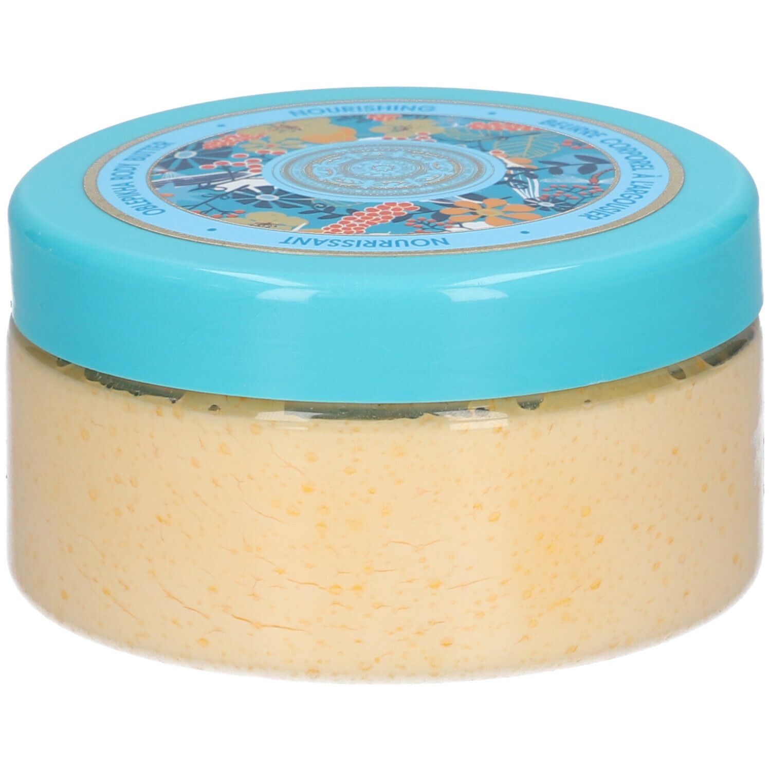 Pot rond avec couvercle bleu. Inscription : Body Butter, Oblepikha Siberica. Label Vegan. 300 ml.
