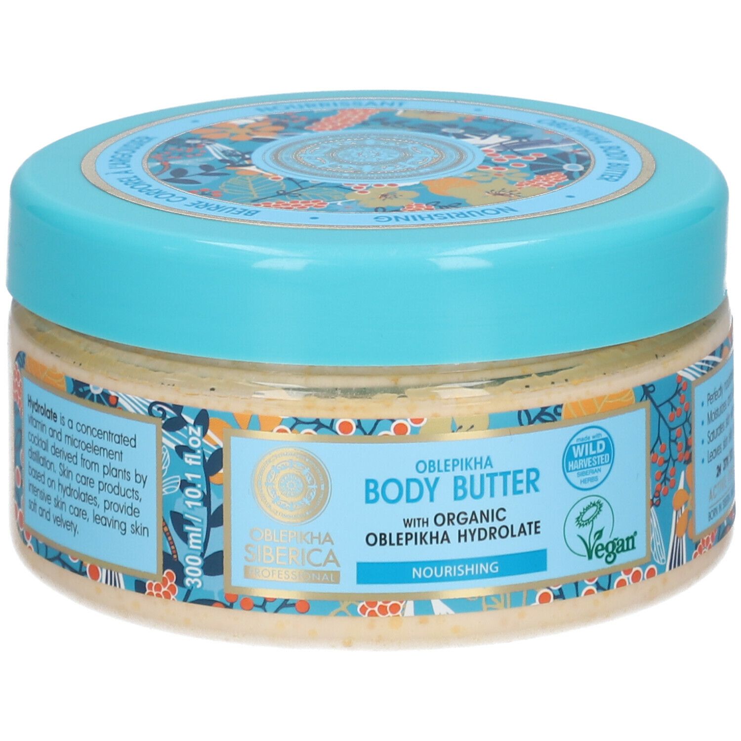 Pot rond avec couvercle bleu. Inscription : Body Butter, Oblepikha Siberica. Label Vegan. 300 ml.