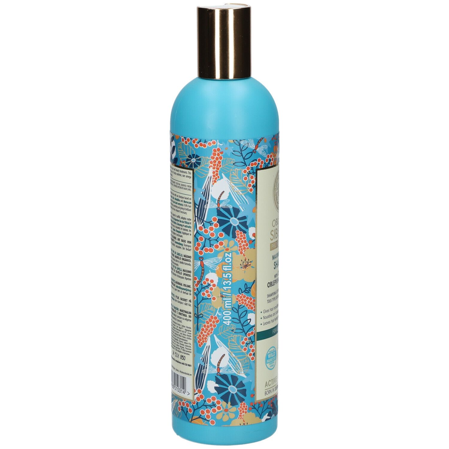 Achterkant van de shampoo fles. Blauw-turkoois ontwerp met bloemenpatroon. Tekst: 400 ml/13.5 fl.oz.