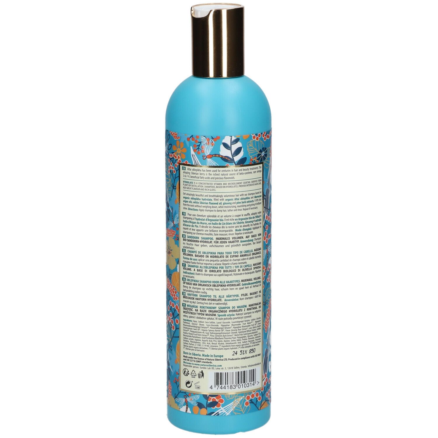 Achterkant van de shampoo fles. Blauw-turkoois ontwerp met bloemenpatroon. Tekst en barcode.