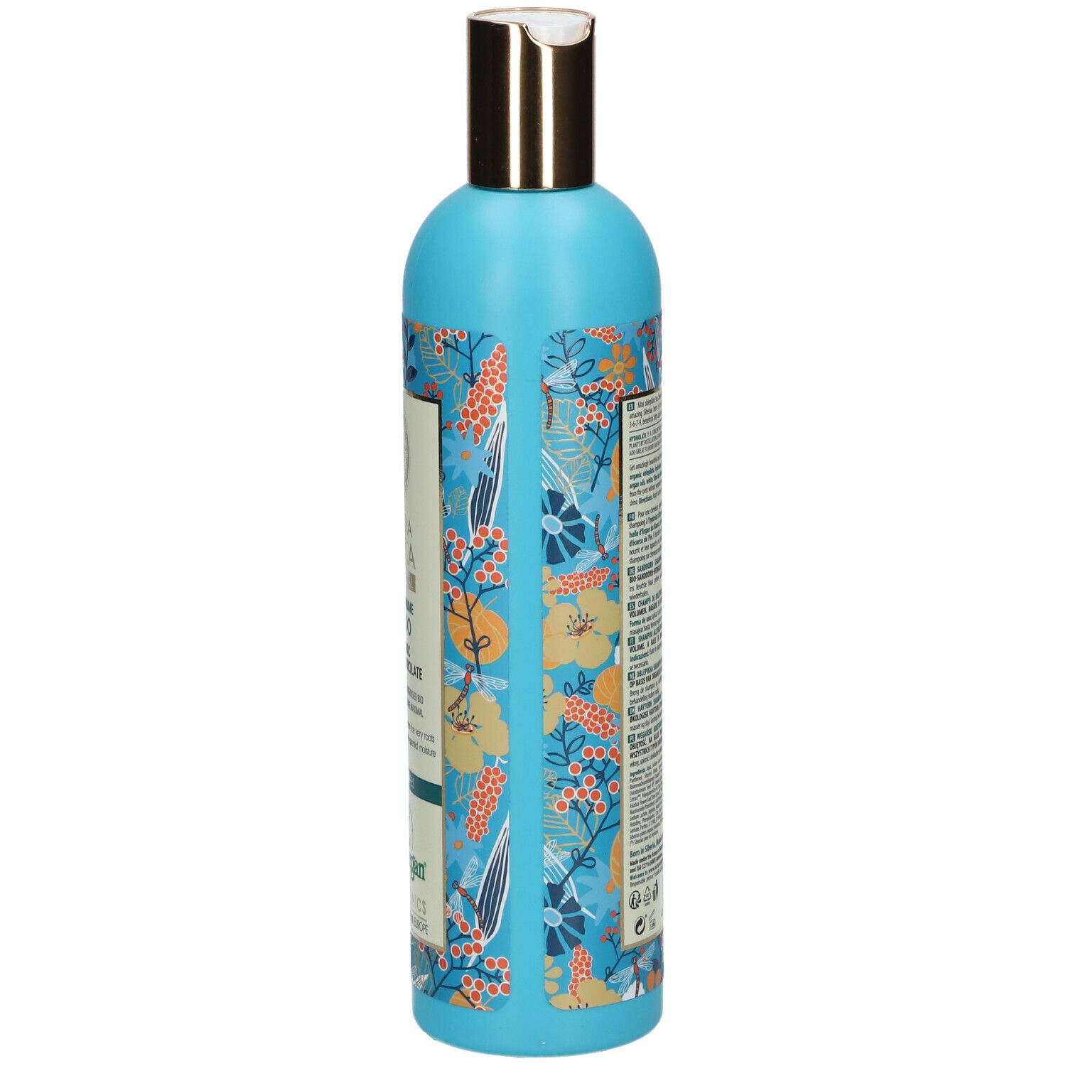 Achterkant van de shampoo fles. Blauw-turkoois ontwerp met bloemenpatroon. Tekst.