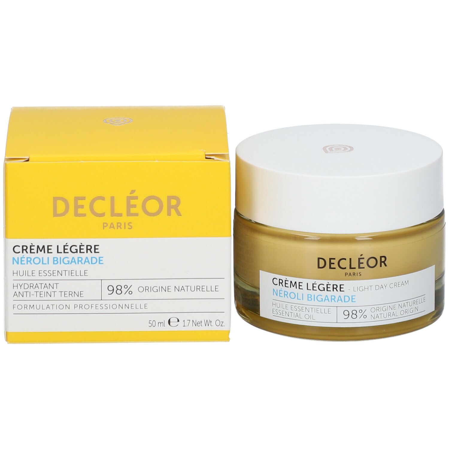 Gele doos en pot met crème. Opschrift: Crème Légère, Néroli Bigarade. 98% natuurlijke oorsprong.