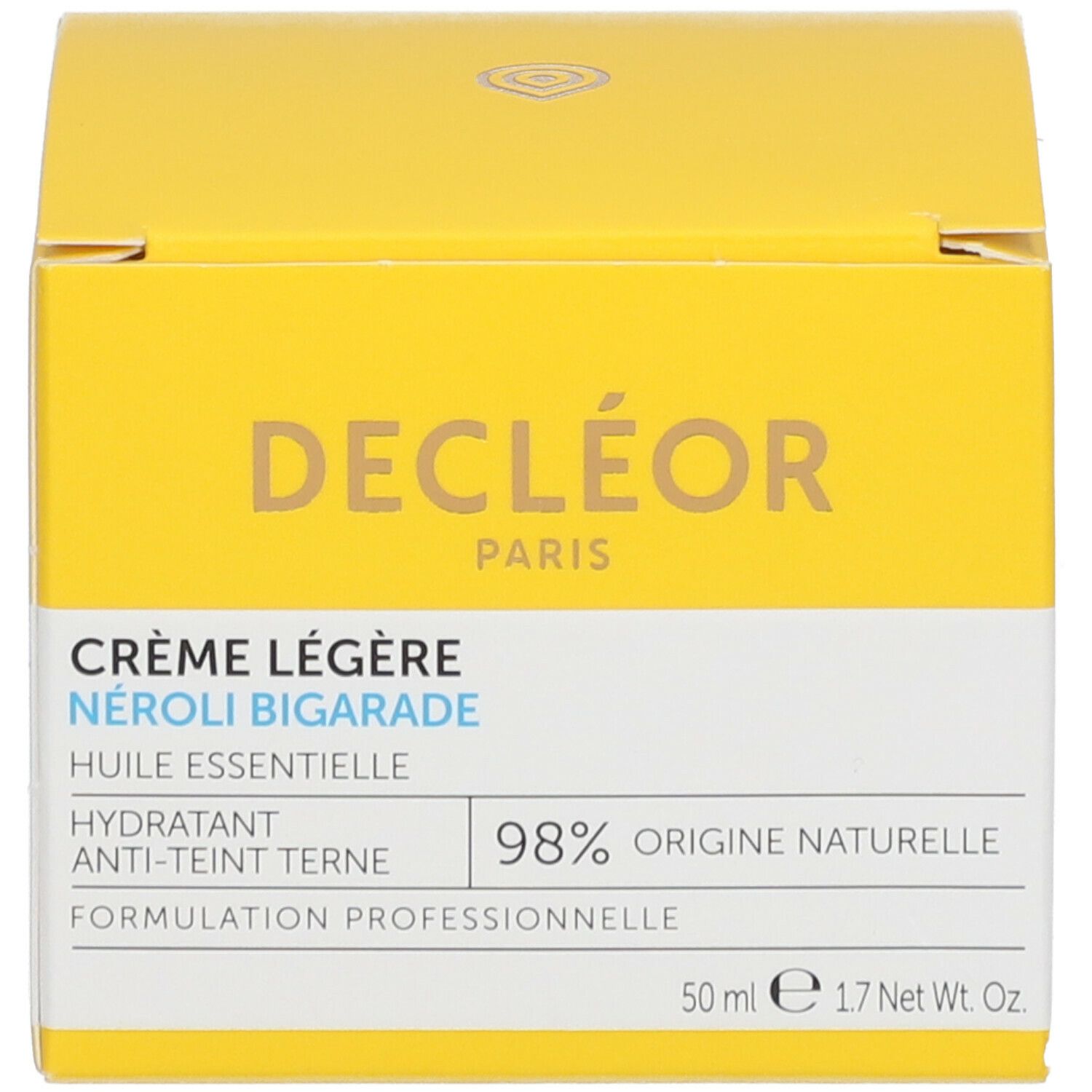 Gele doos met productinformatie. Opschrift: Crème Légère, Néroli Bigarade. 98% natuurlijke oorsprong.
