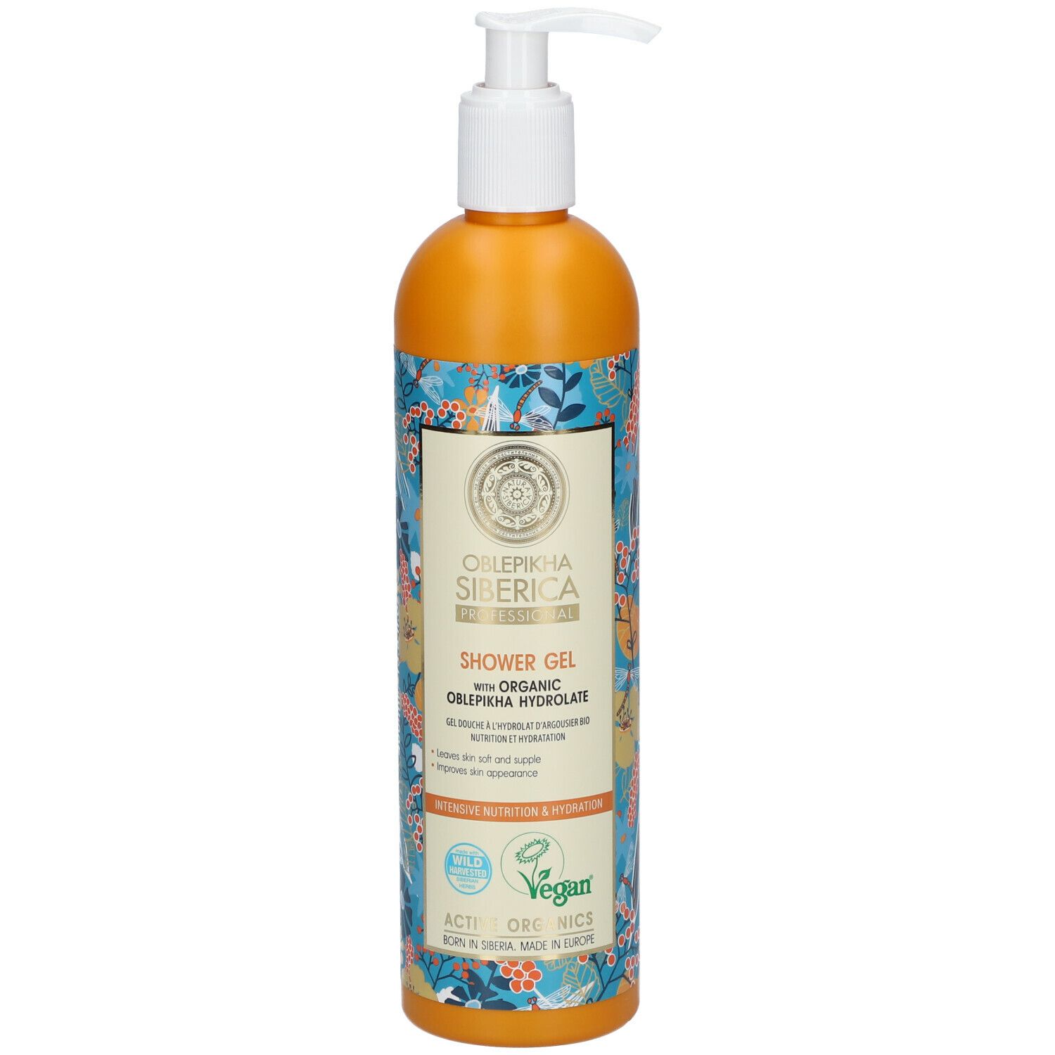 Oranje fles met pomp. Opschrift: Oblepikha Siberica Shower Gel. Vegan-zegel.