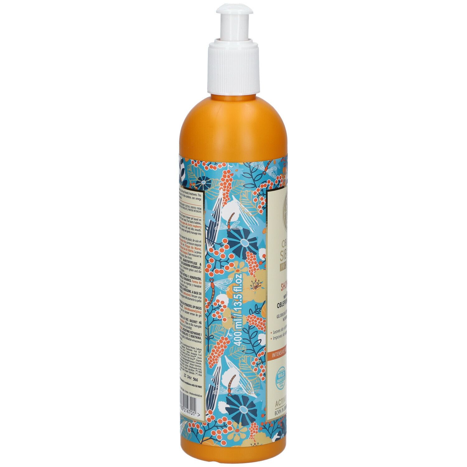 Achterkant van een oranje fles met pomp. Tekst en bloemmotief. Volume: 400 ml.