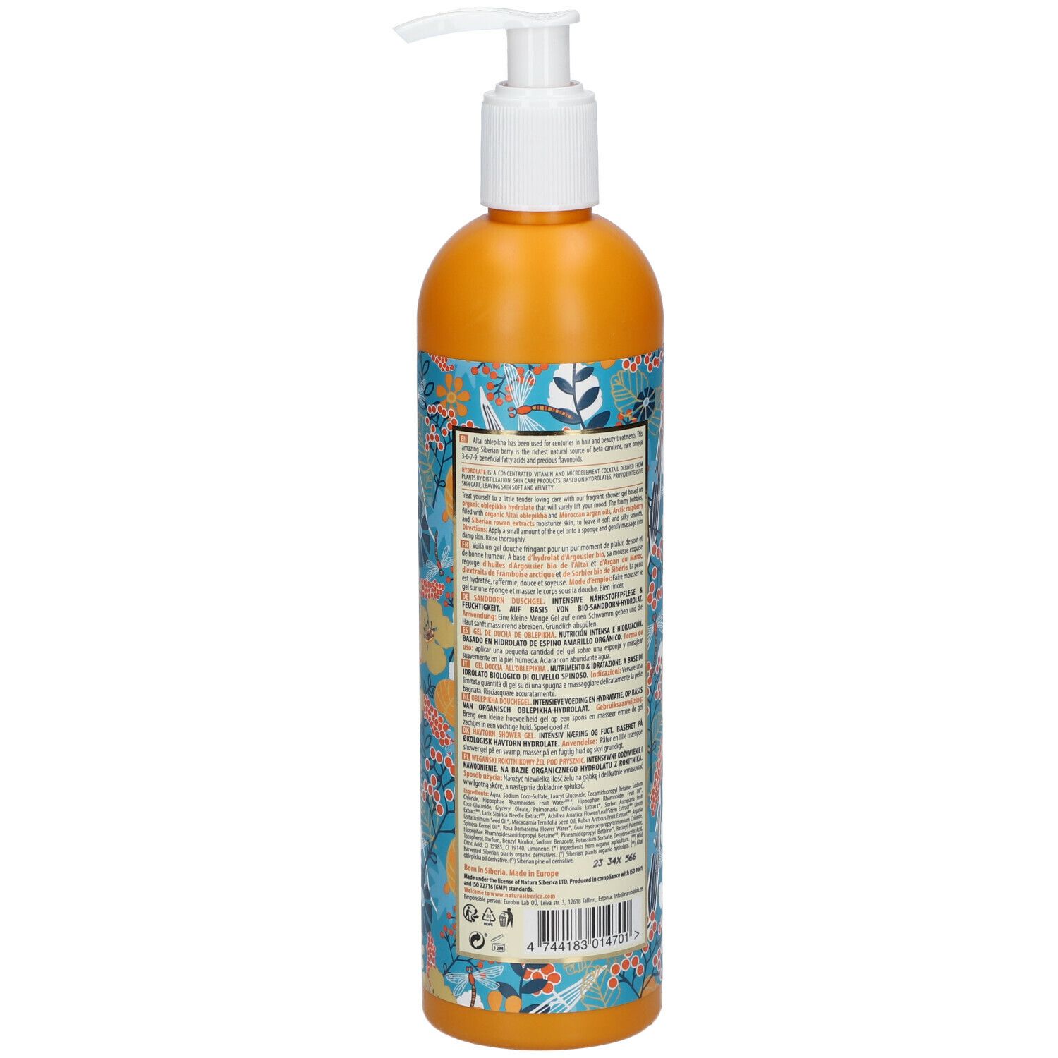 Achterkant van een oranje fles met pomp. Tekst en bloemmotief. Fabrikantinformatie.