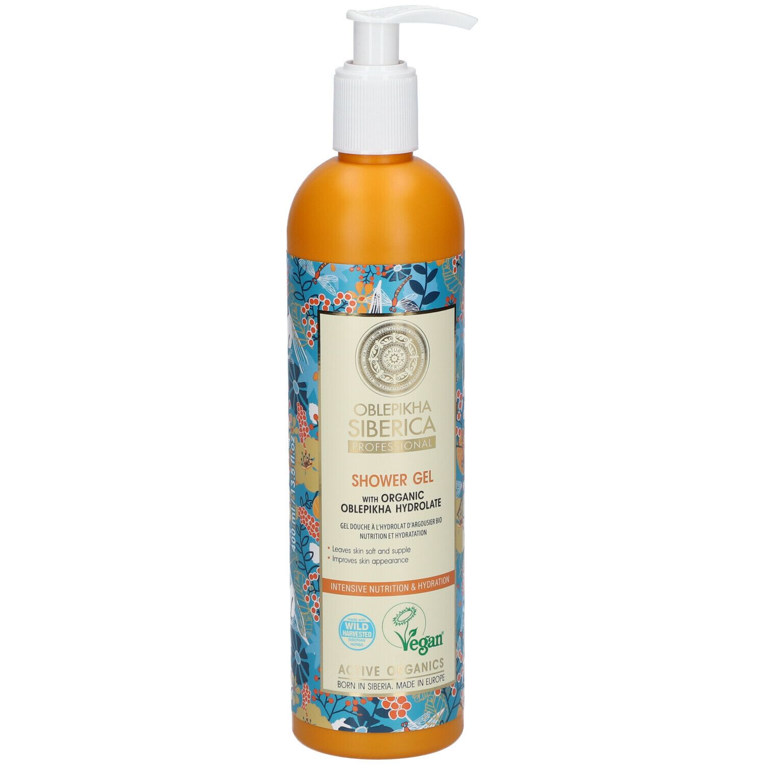 Oranje fles met pomp. Opschrift: Oblepikha Siberica Shower Gel. Vegan-zegel.
