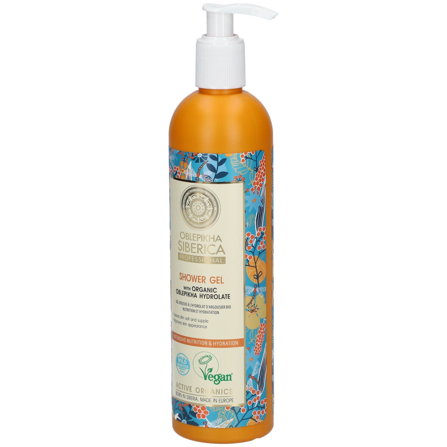 Oranje fles met pomp. Opschrift: Oblepikha Siberica Shower Gel. Vegan-zegel.