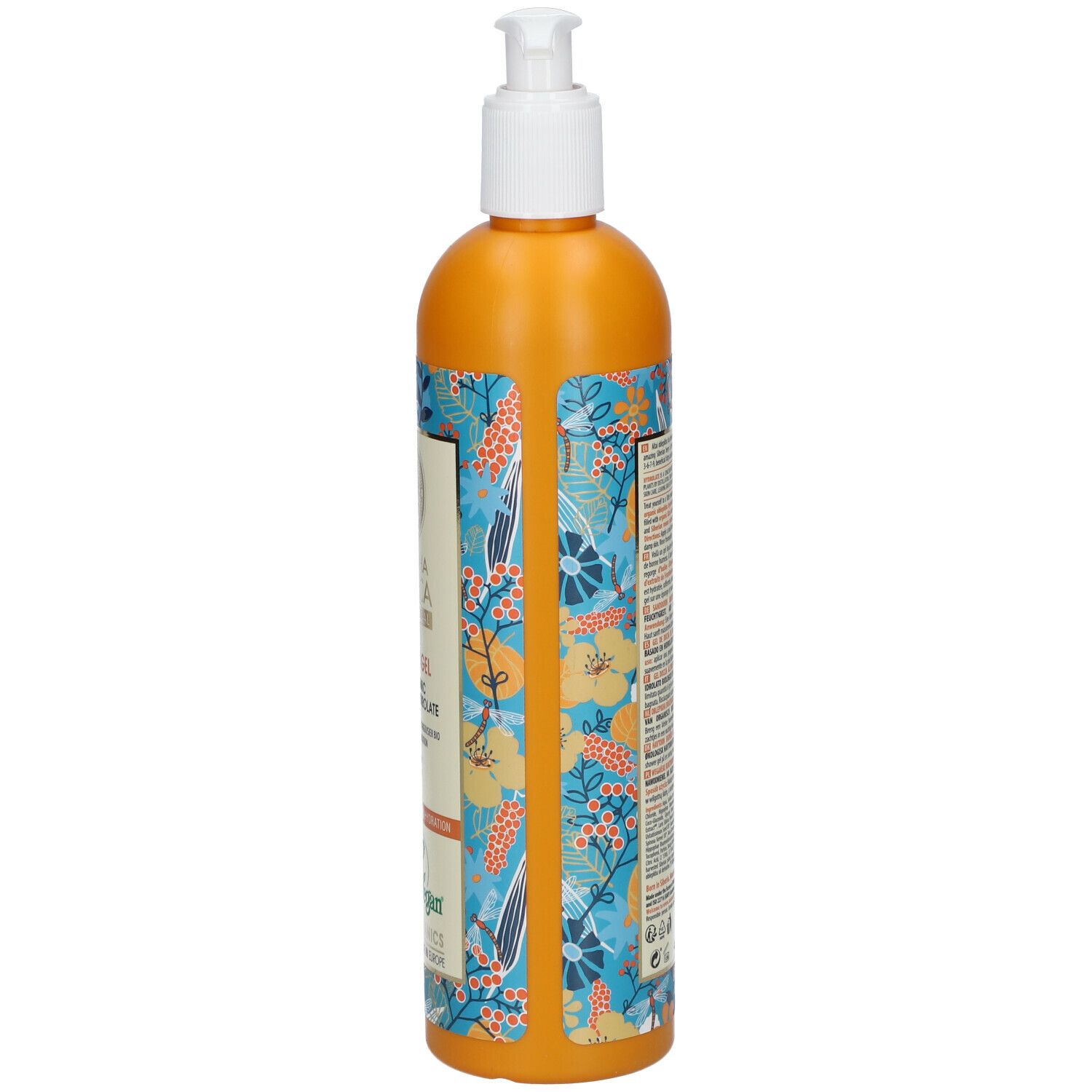 Achterkant van een oranje fles met pomp. Tekst en bloemmotief. Fabrikantinformatie.