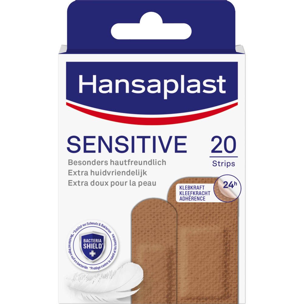 Verpakking Hansaplast Sensitive Medium pleisters. Bevat 20 strips. Blauw-witte verpakking met productinformatie.