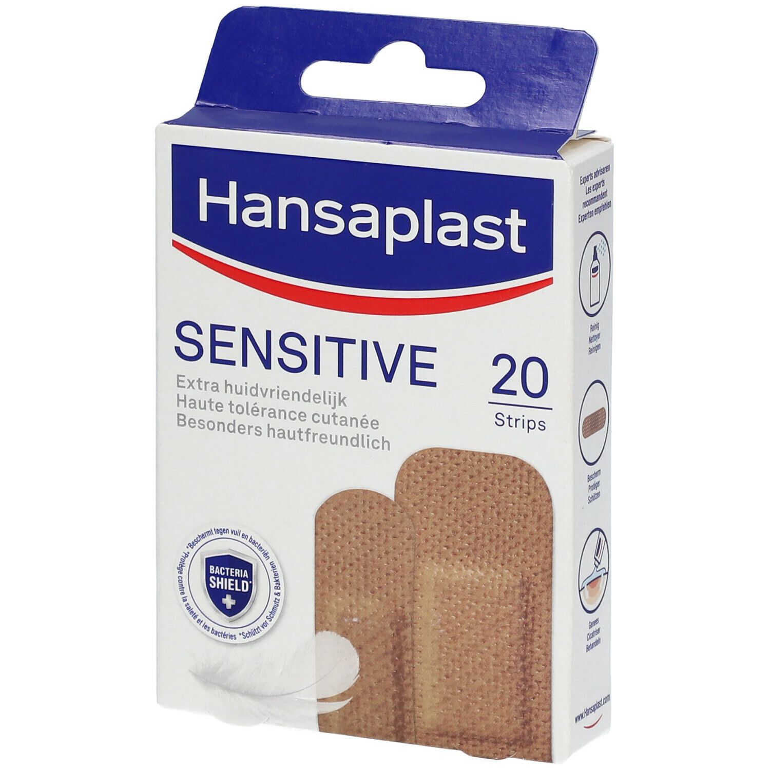 Verpakking Hansaplast Sensitive Medium pleisters. Bevat 20 strips. Blauw-witte verpakking met productinformatie.