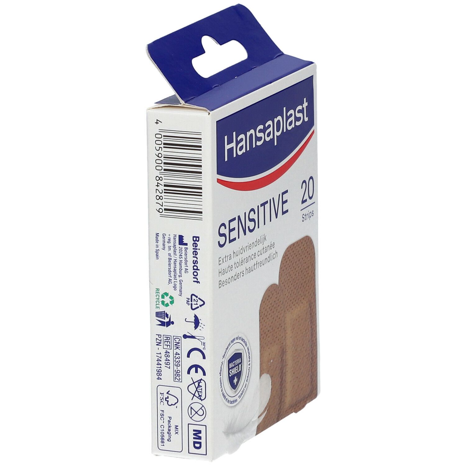 Verpakking Hansaplast Sensitive Medium pleisters. Achterkant met productinformatie en certificeringen.