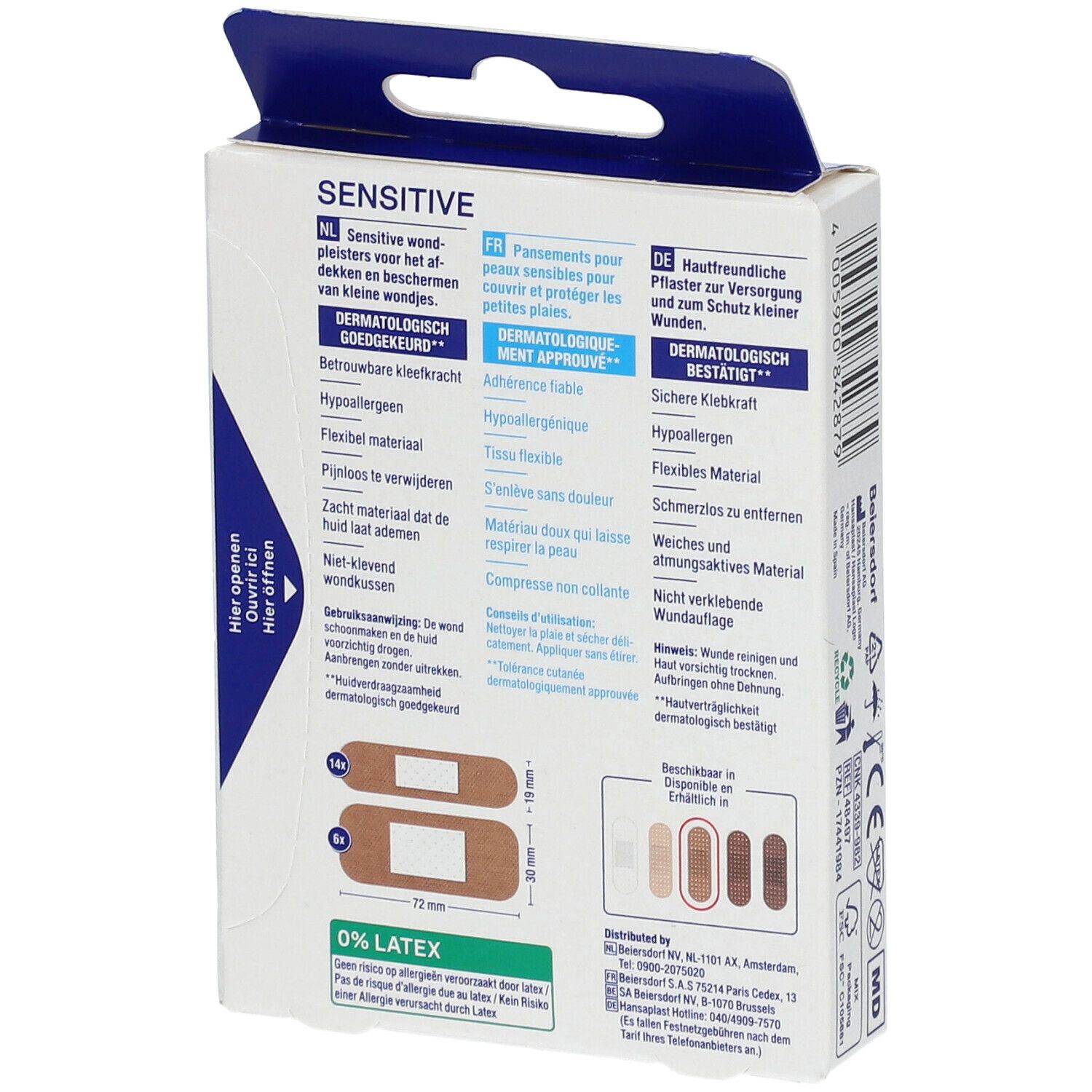 Achterkant verpakking Hansaplast Sensitive Medium pleisters. Informatie in het Duits, Frans en Nederlands.