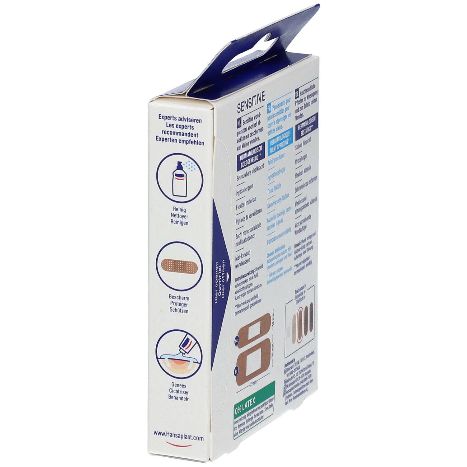 Zijkant verpakking Hansaplast Sensitive Medium pleisters. Illustraties en productinformatie.
