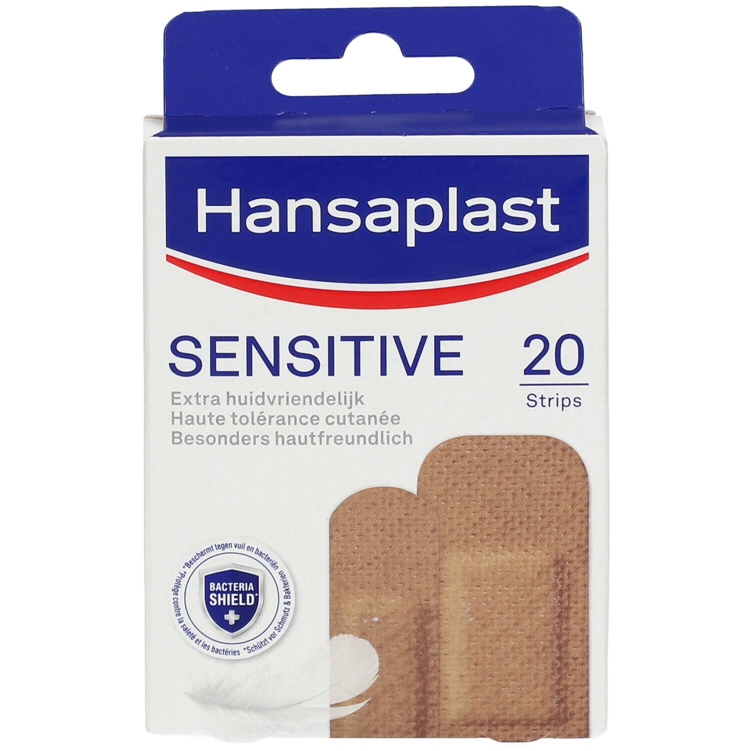 Verpakking Hansaplast Sensitive Medium pleisters. Bevat 20 strips. Blauw-witte verpakking met productinformatie.
