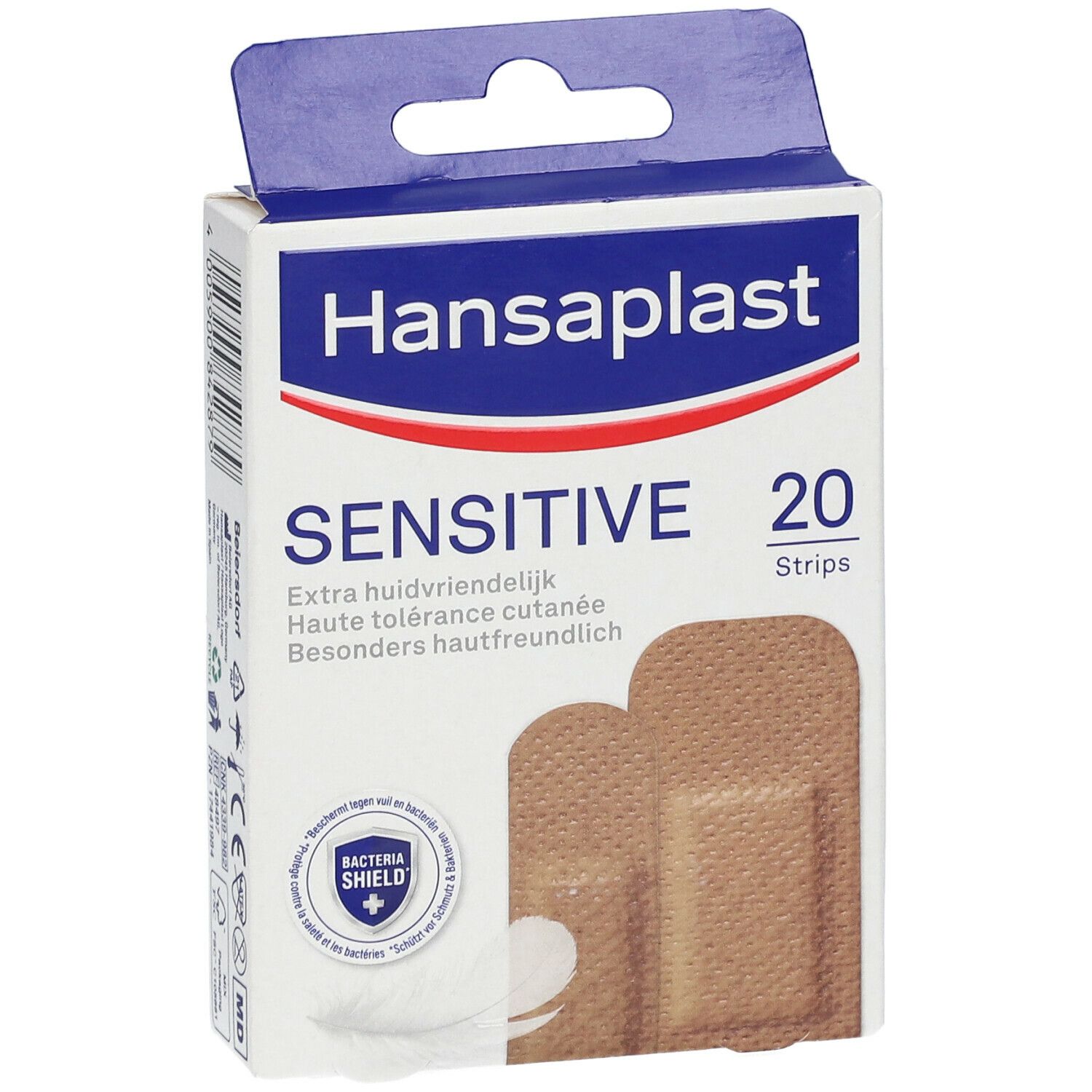 Verpakking Hansaplast Sensitive Medium pleisters. Bevat 20 strips. Blauw-witte verpakking met productinformatie.