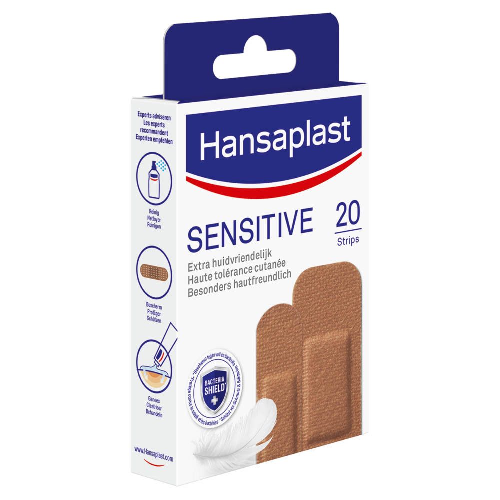 Zijkant verpakking Hansaplast Sensitive Medium pleisters. Illustraties en productinformatie.