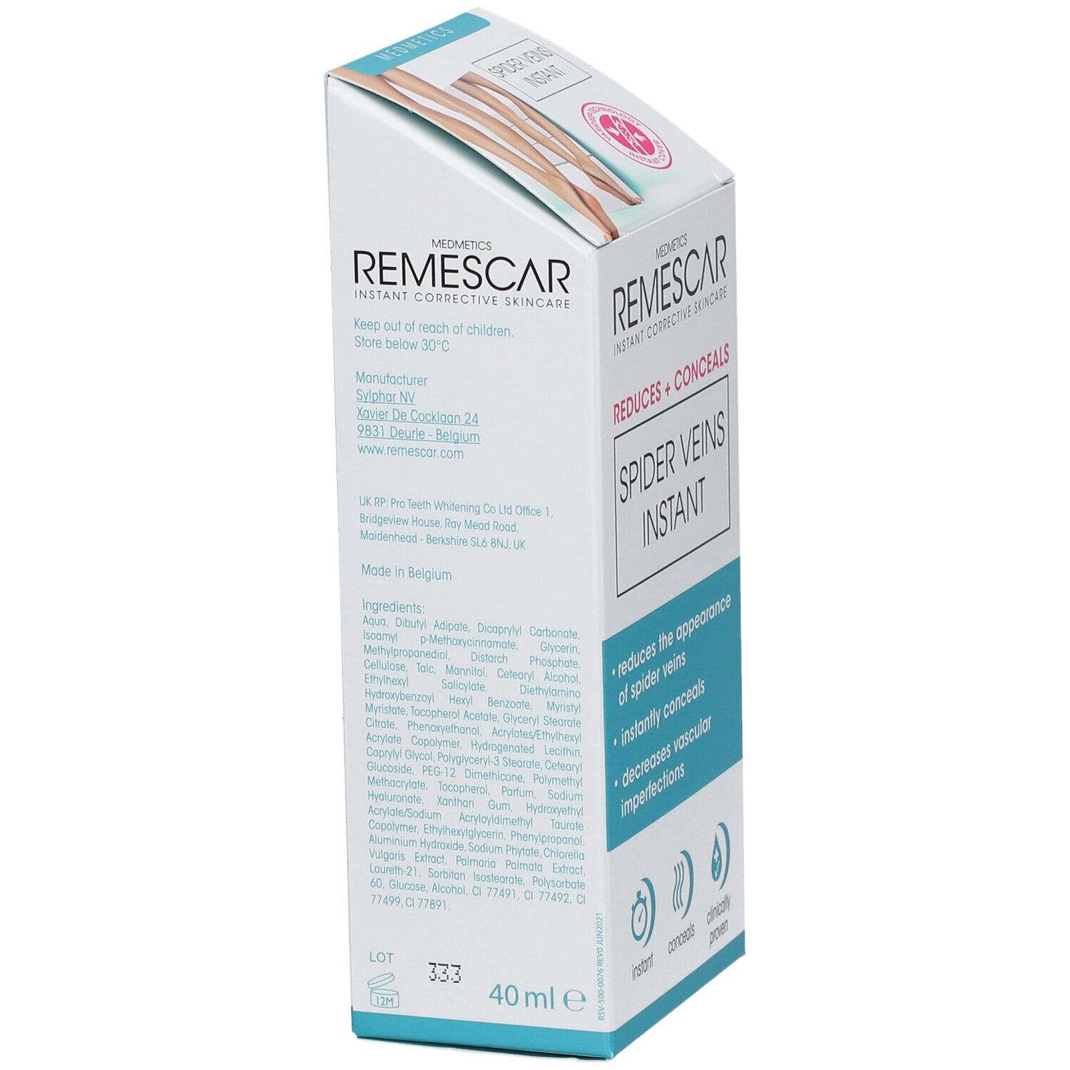 Kartonnen verpakking met productinformatie. Opschrift: REMESCAR SPIDER VEINS INSTANT.