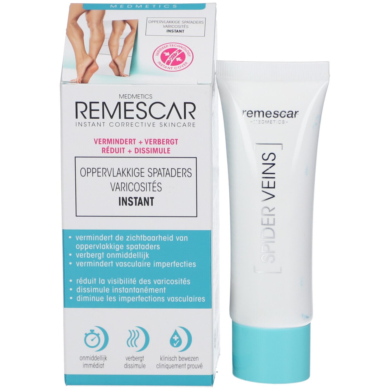Product en verpakking. Opschrift: REMESCAR, Opperflakkige Spataders Varicosités INSTANT.