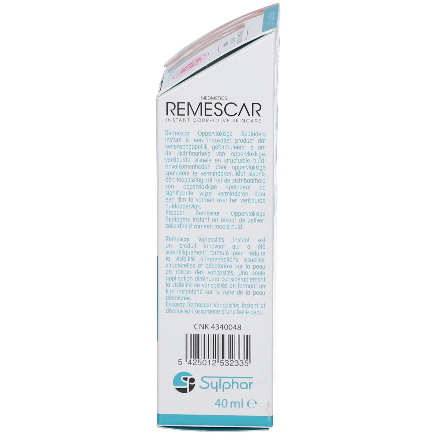 Achterkant van de verpakking. Opschrift: REMESCAR, CNK 4340048, 40 ml.