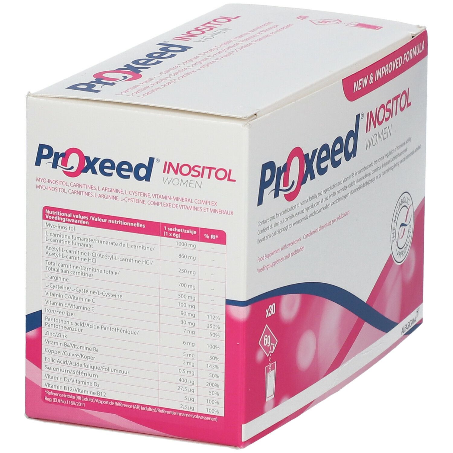 Weißer Karton mit "Proxeed Inositol Women". Nährwertangaben und Inhaltsstoffe. Rosa und blaue Akzente.