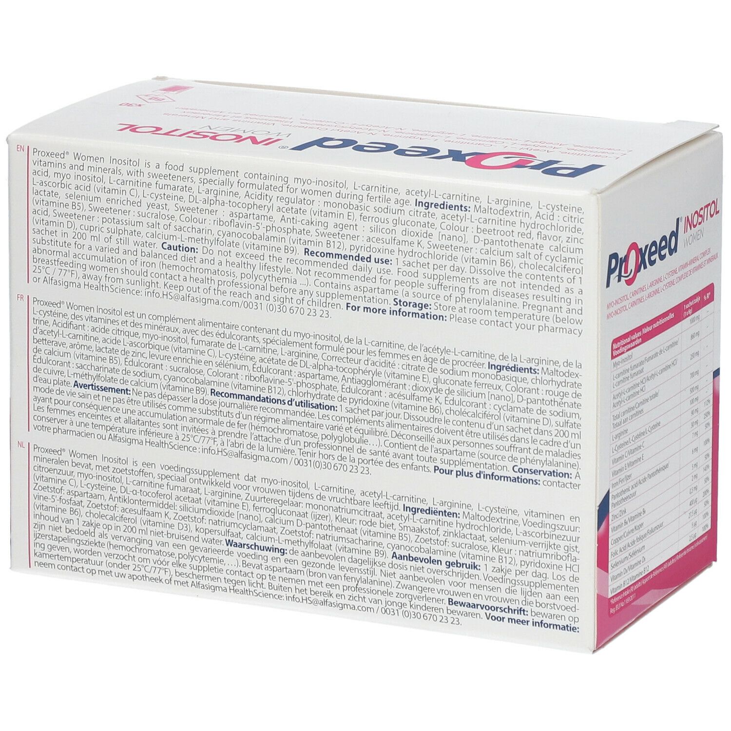 Weißer Karton mit "Proxeed Inositol Women". Text auf mehreren Sprachen. Rosa und blaue Akzente.