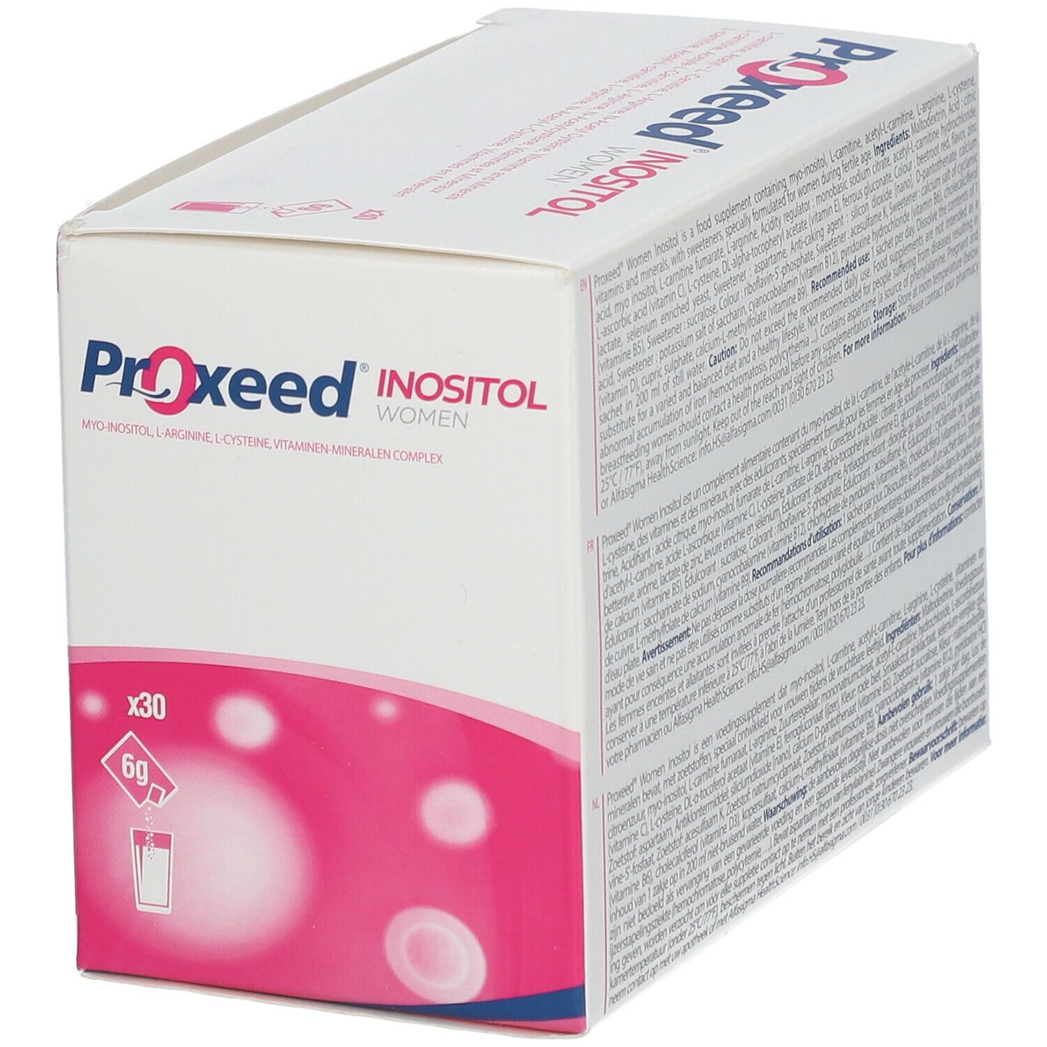 Weißer Karton mit "Proxeed Inositol Women"-Logo. Enthält 30 Beutel. Rosa Akzente. Text auf mehreren Sprachen.