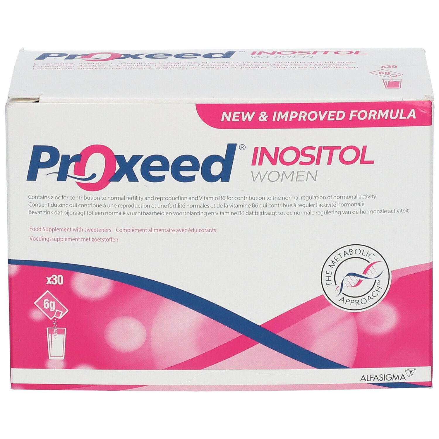 Weißer Karton mit "Proxeed Inositol Women"-Logo. Enthält 30 Beutel. Rosa Akzente. "New & Improved Formula".