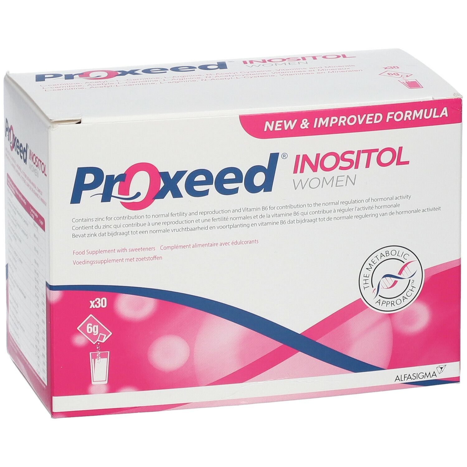 Weißer Karton mit "Proxeed Inositol Women"-Logo. Enthält 30 Beutel. Rosa Akzente. "New & Improved Formula".