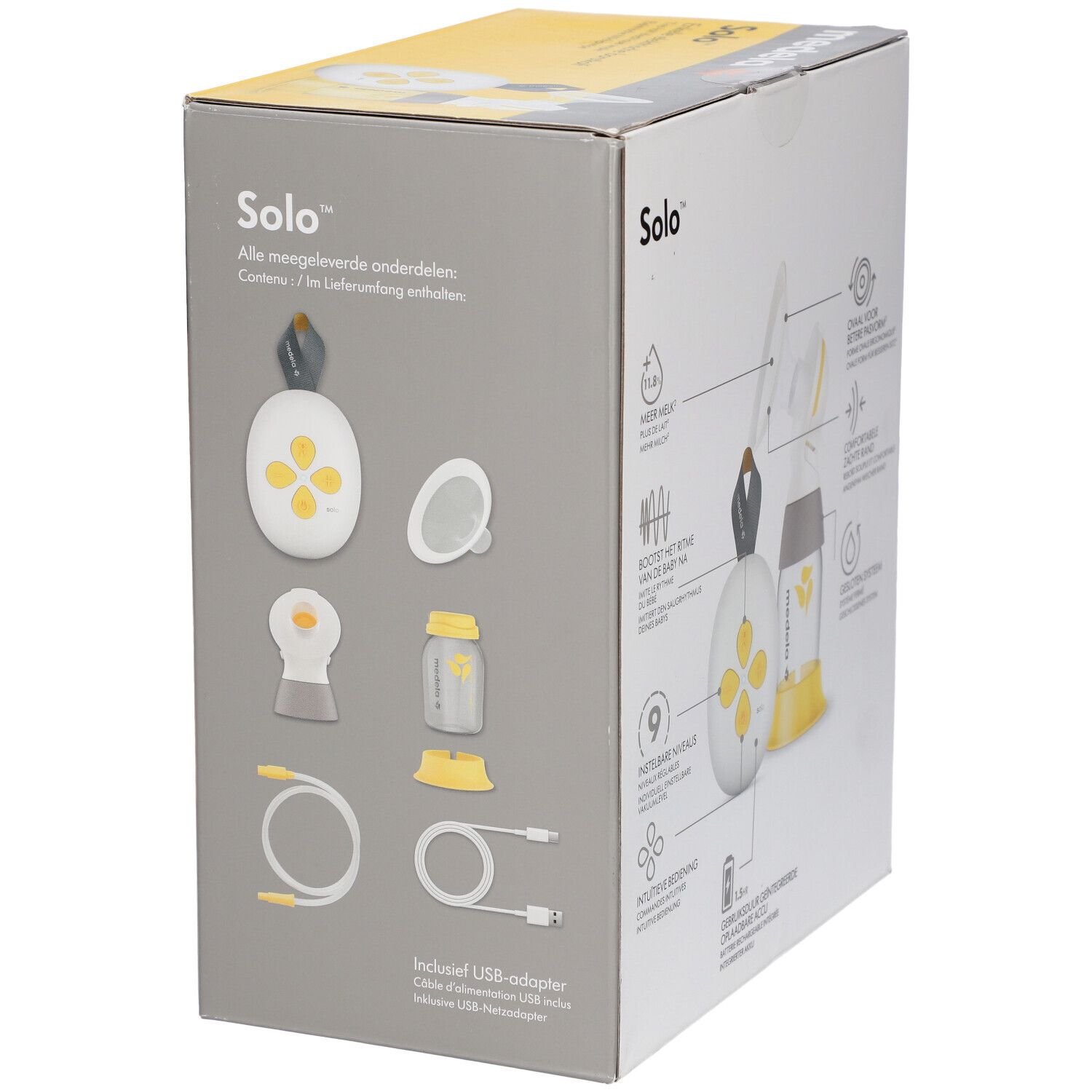Medela Solo™ verpakking. Illustratie van de meegeleverde onderdelen: pomp, fles, accessoires, USB-kabel.