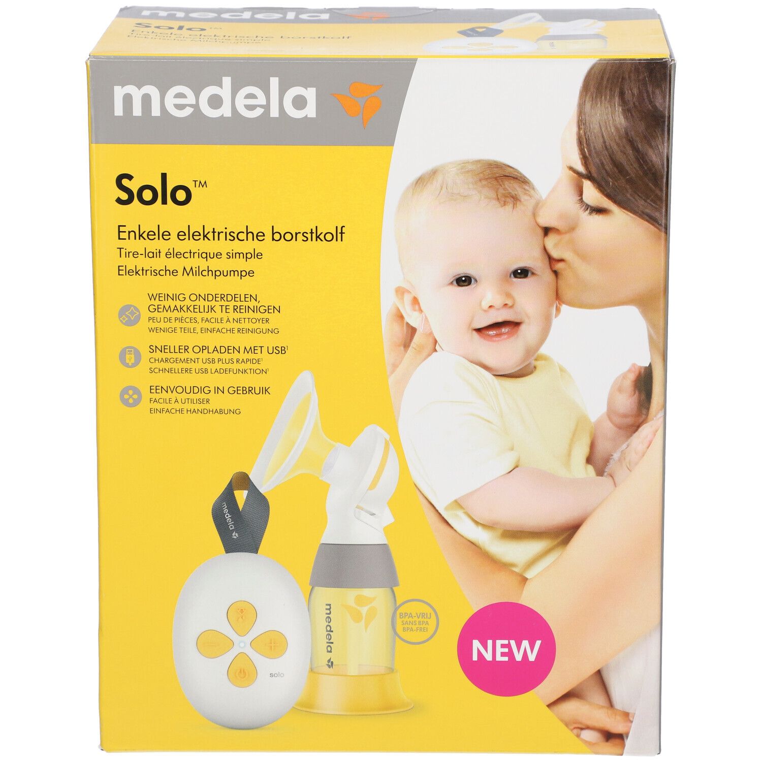 Medela Solo™ elektrische borstkolf. Verpakking met productafbeelding, moeder en kind. Inclusief pomp, fles, accessoires.