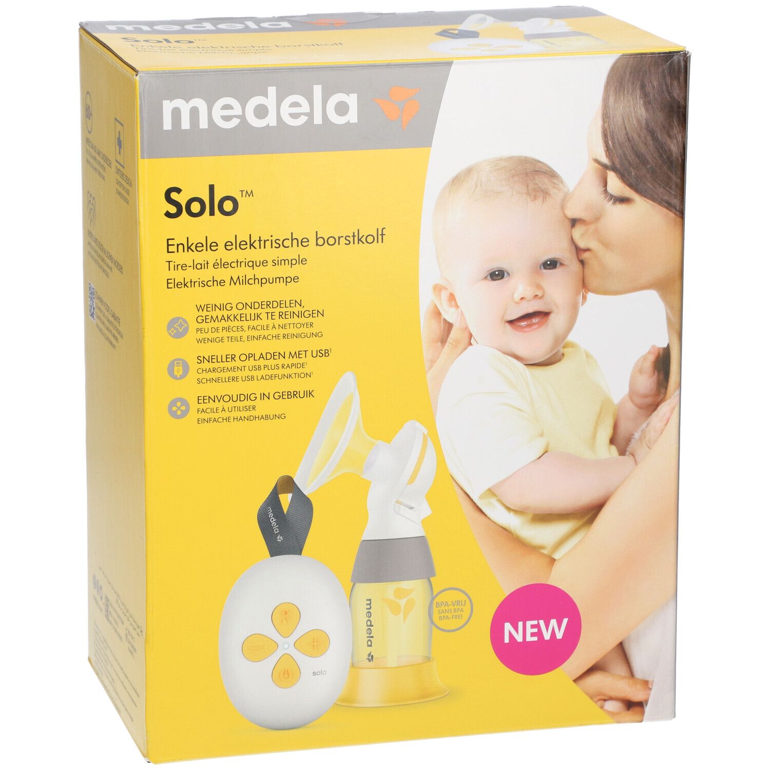 Medela Solo™ elektrische borstkolf. Verpakking met productafbeelding, moeder en kind. Inclusief pomp, fles, accessoires.