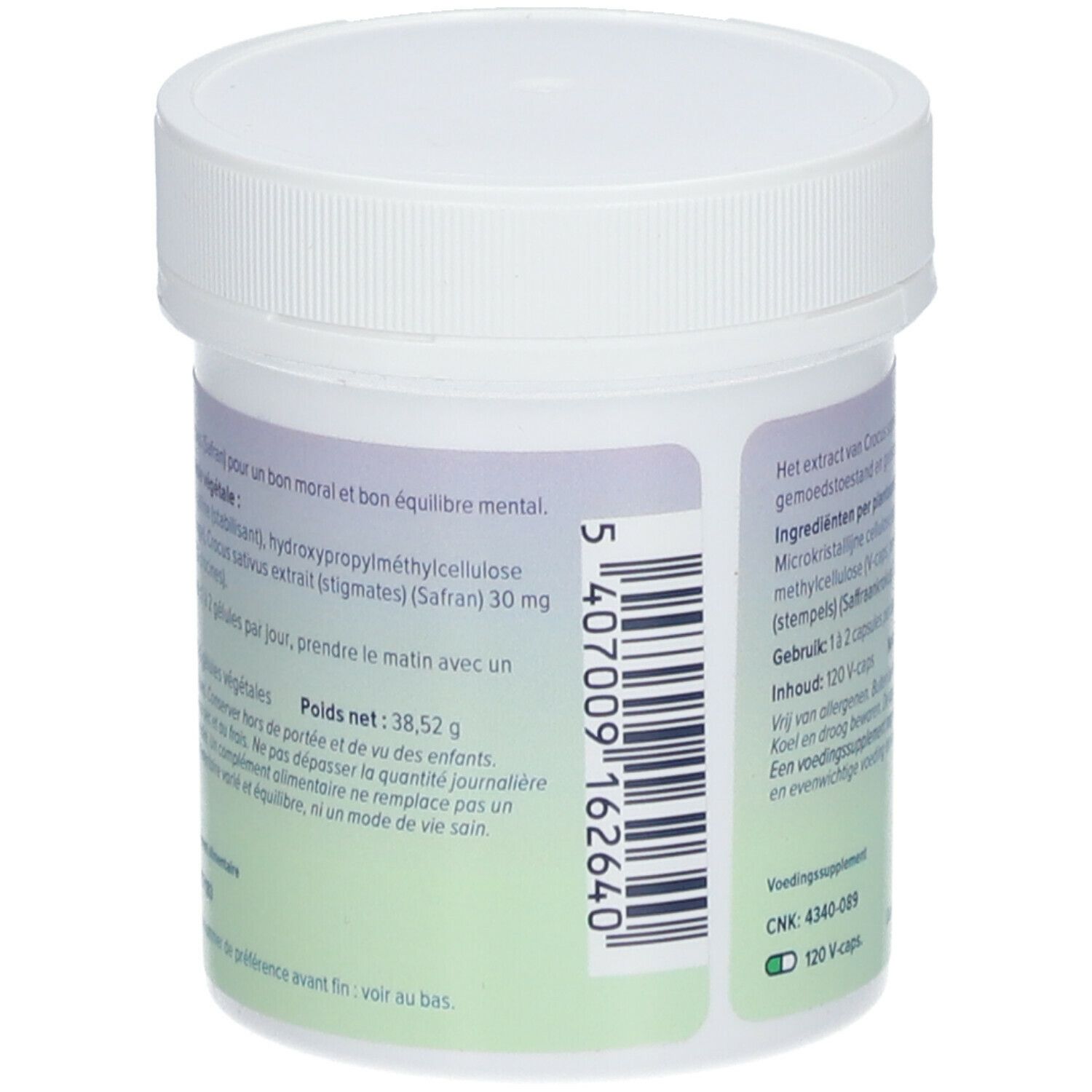 Rückseite der weißen Dose. Text: Inhaltsstoffe, Gebrauchsanweisung, Barcode.