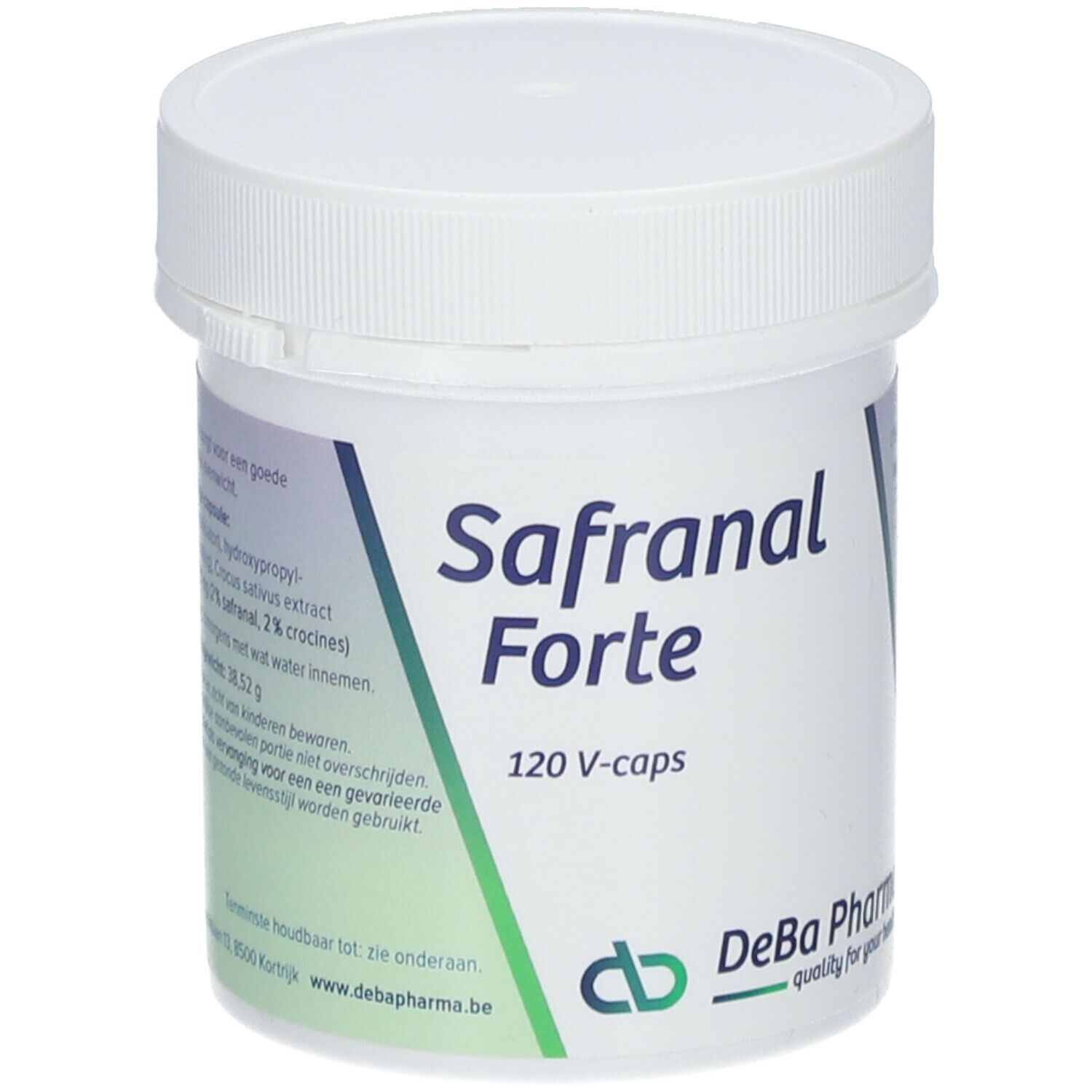 Weiße Dose mit Safranal Forte. Aufschrift: 120 V-caps. DeBa Pharma Logo.