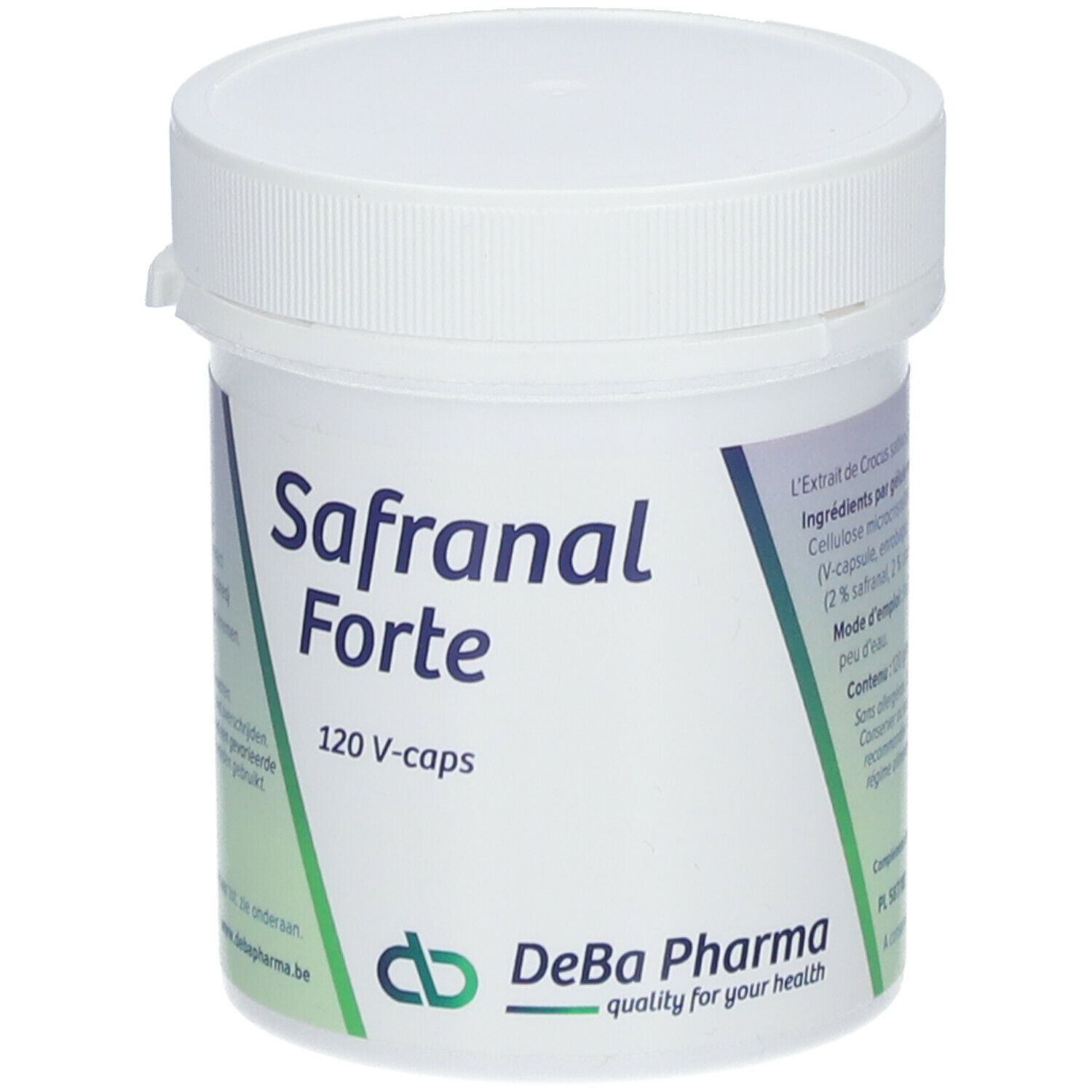 Weiße Dose mit Safranal Forte. Aufschrift: 120 V-caps. DeBa Pharma Logo.