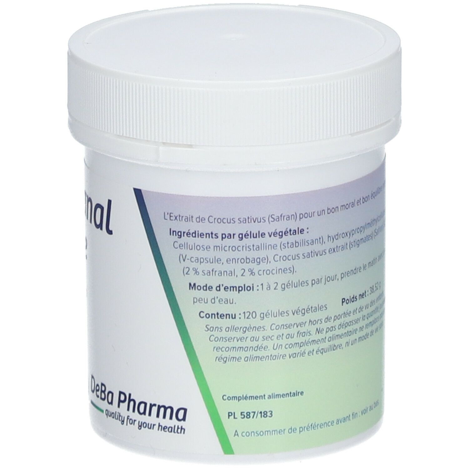 Weiße Dose mit Safranal Forte. Aufschrift: 120 V-caps. DeBa Pharma Logo. Inhaltsstoffe.