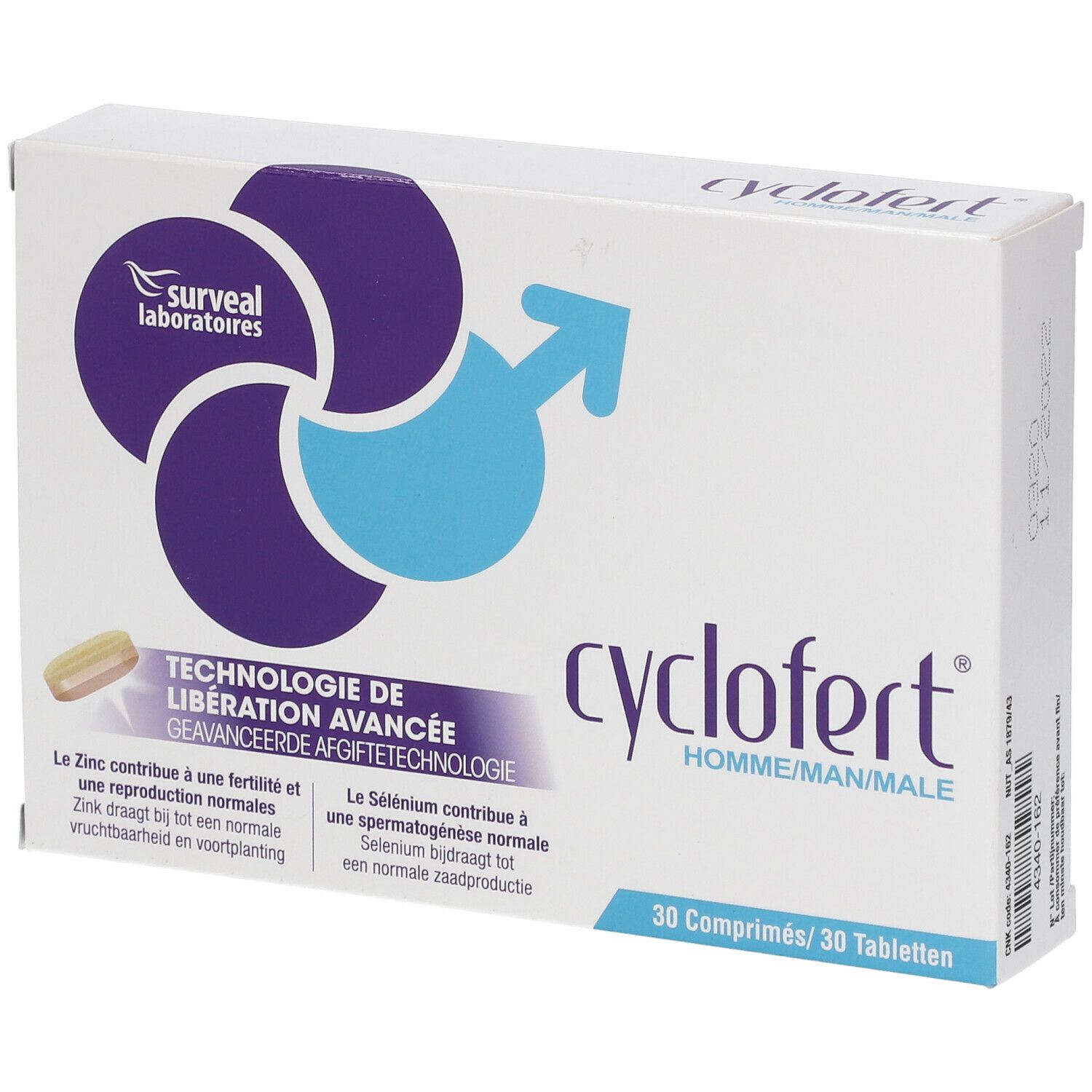 Witte doos met productnaam en logo. Bevat 30 tabletten. Meertalige opschriften.