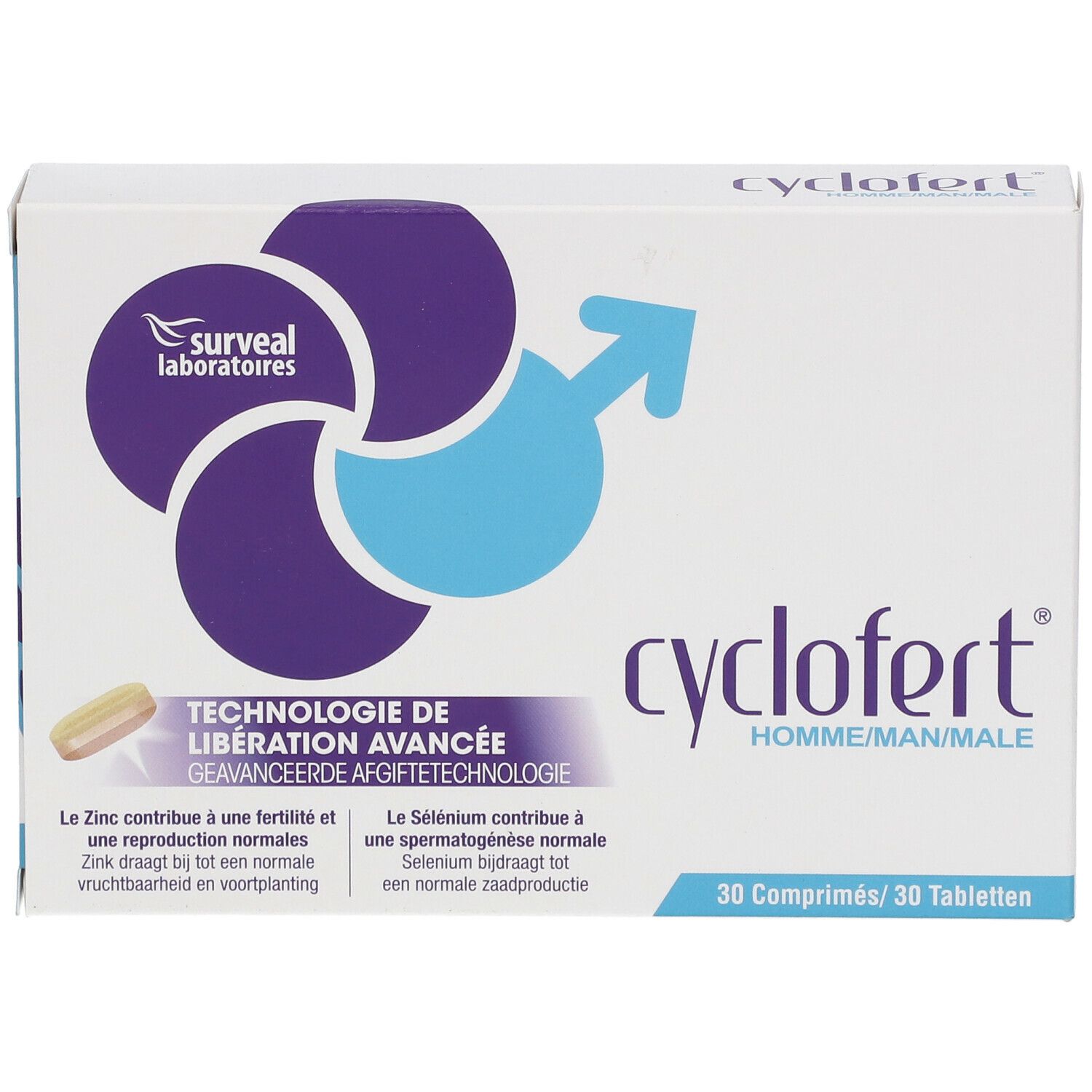 Witte doos met logo en productnaam. Bevat 30 tabletten. Meertalige opschriften.