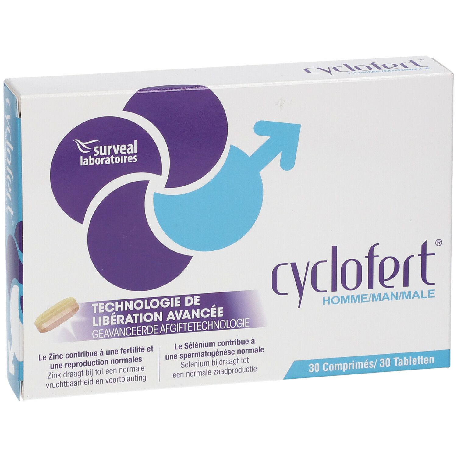 Witte doos met logo en productnaam. Bevat 30 tabletten. Meertalige opschriften.