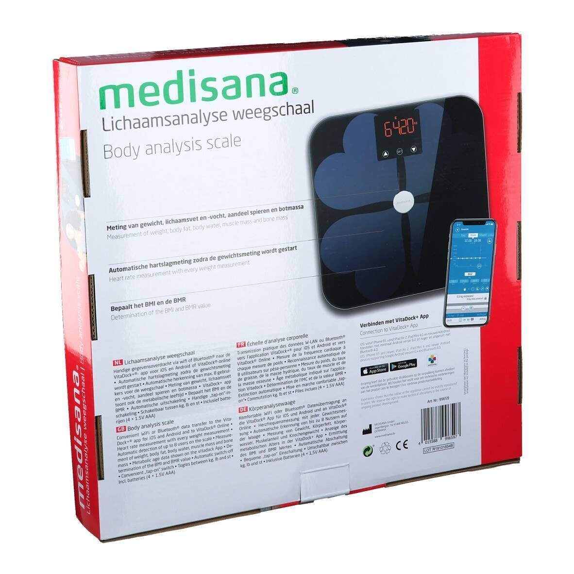 Dos de l'emballage Medisana BS418. Informations produit, code QR, marquage CE. Emballage rouge et blanc.