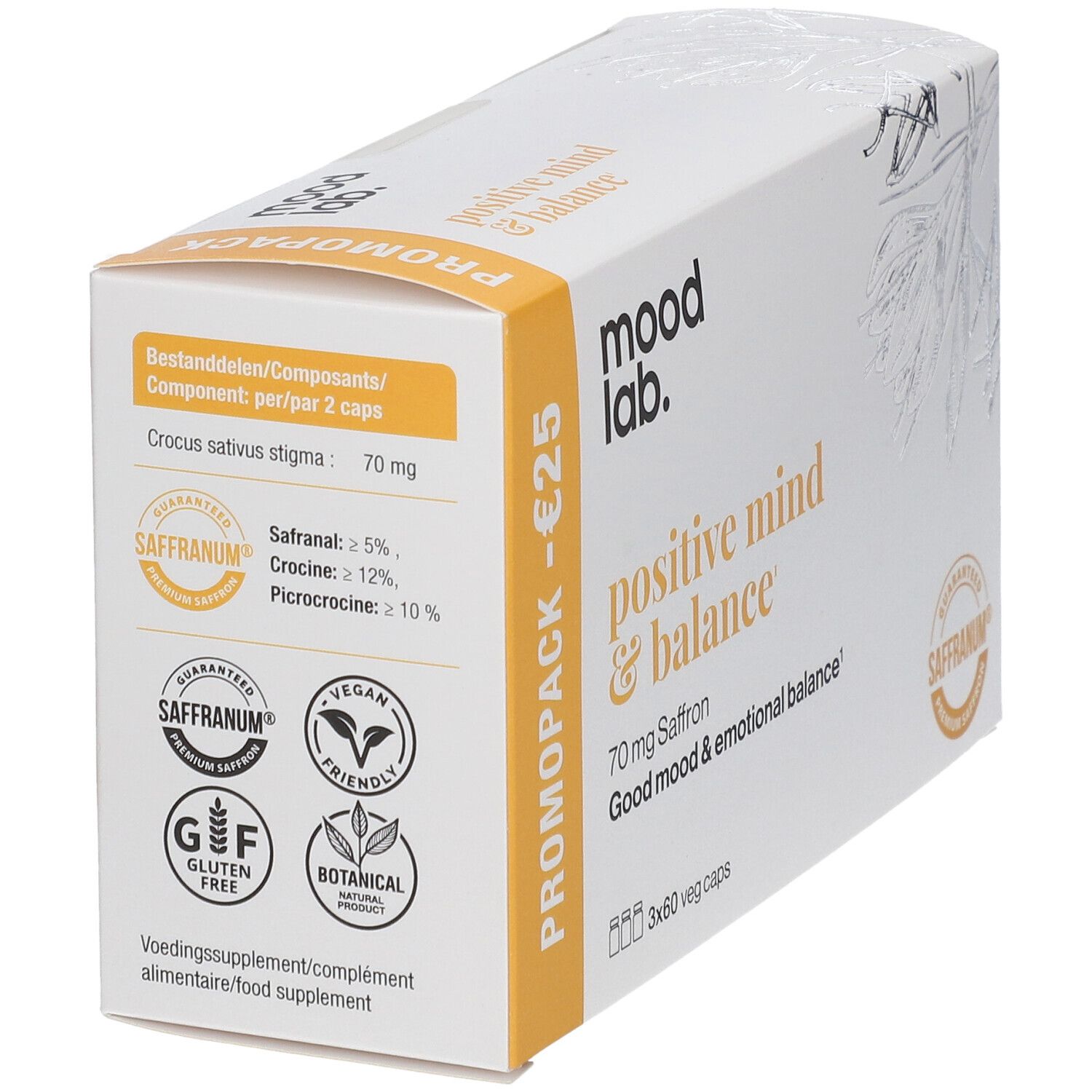 Emballage avec informations produit. Contient ingrédients, certifications et logo. Labels vegan et sans gluten.