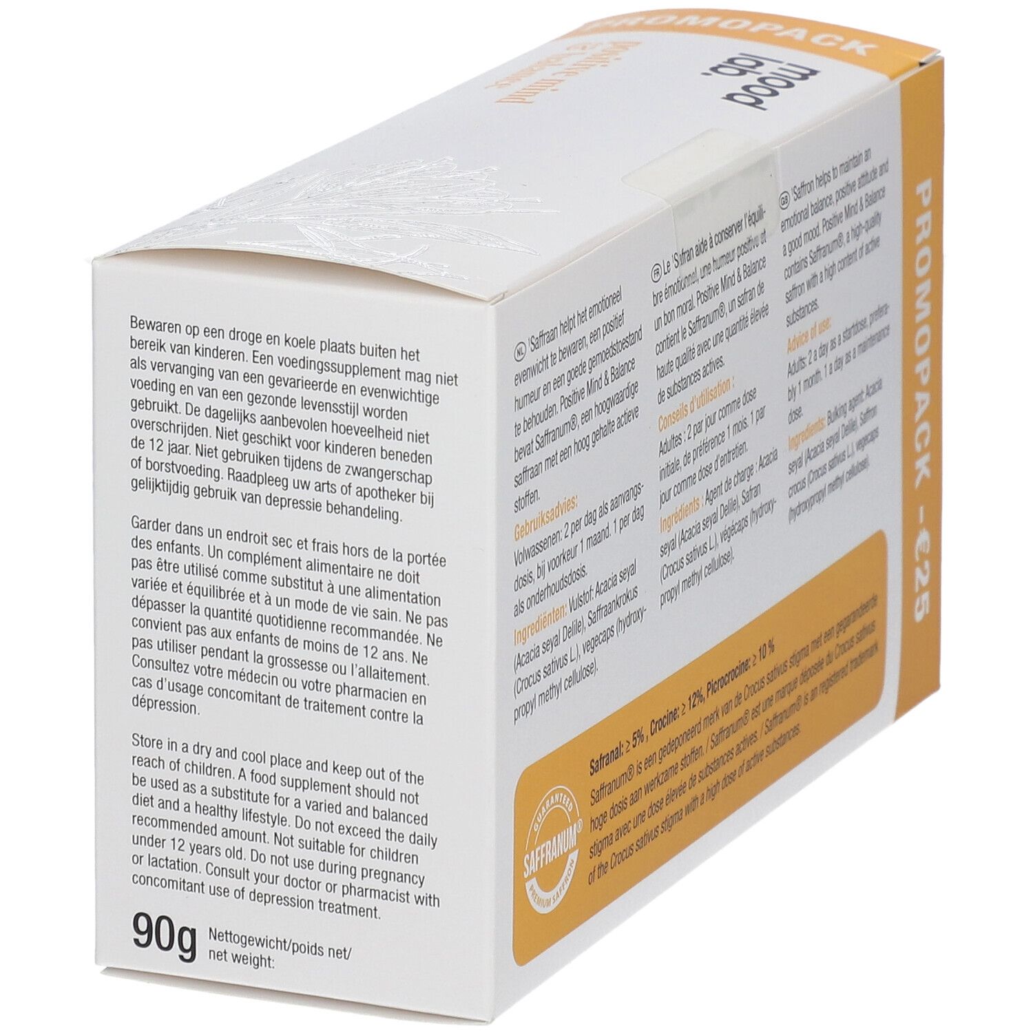 Emballage avec informations produit. Contient avertissements et poids net. 90g. Conserver au sec.