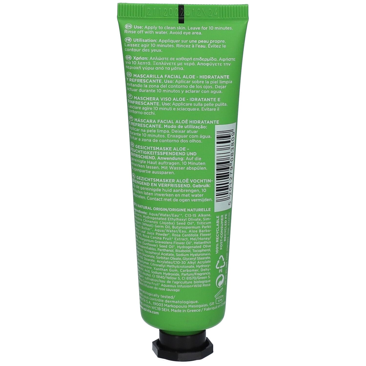 Rückseite der grünen Tube mit Produktinformationen und Inhaltsstoffen. Text in mehreren Sprachen.