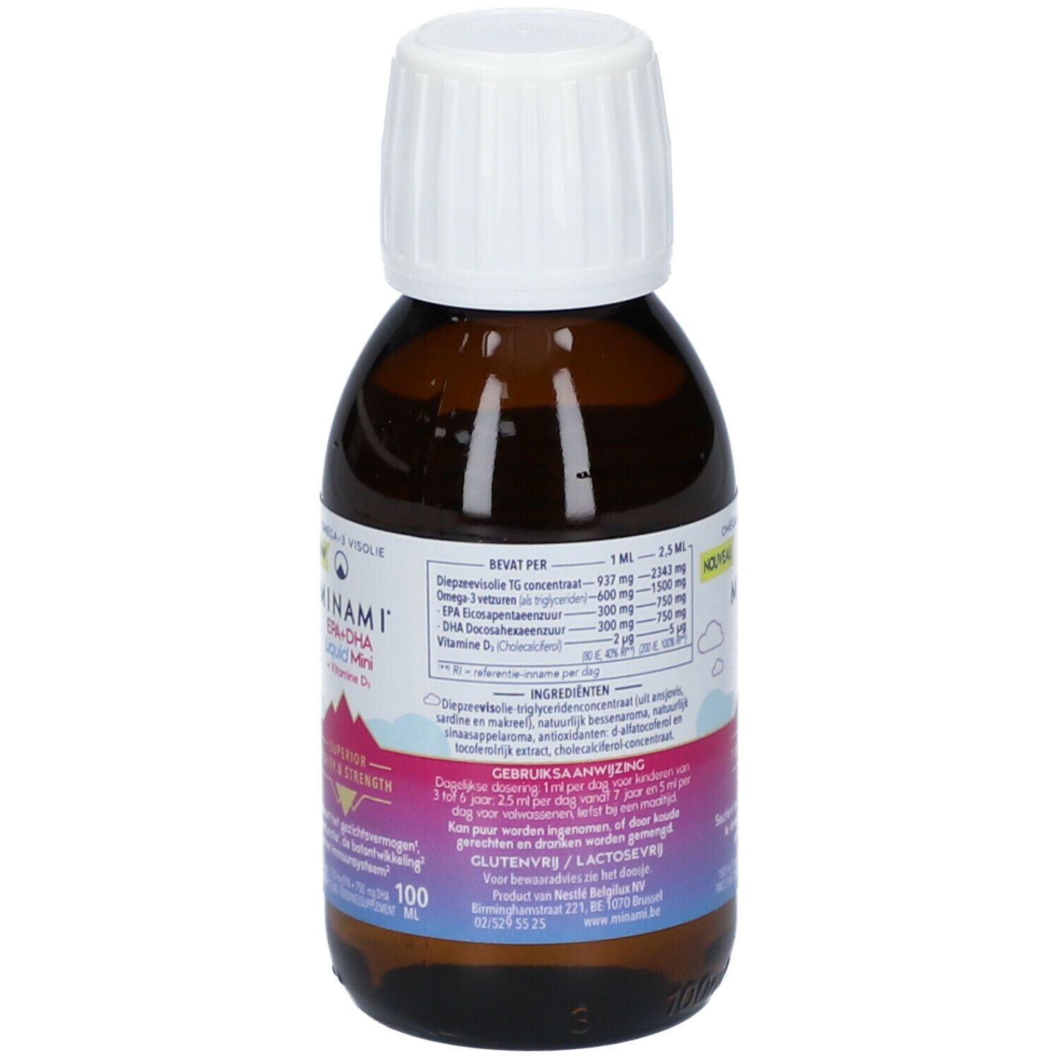 Dos d'une bouteille en verre brun avec bouchon blanc. Étiquette avec ingrédients et instructions de dosage. 100 ml.